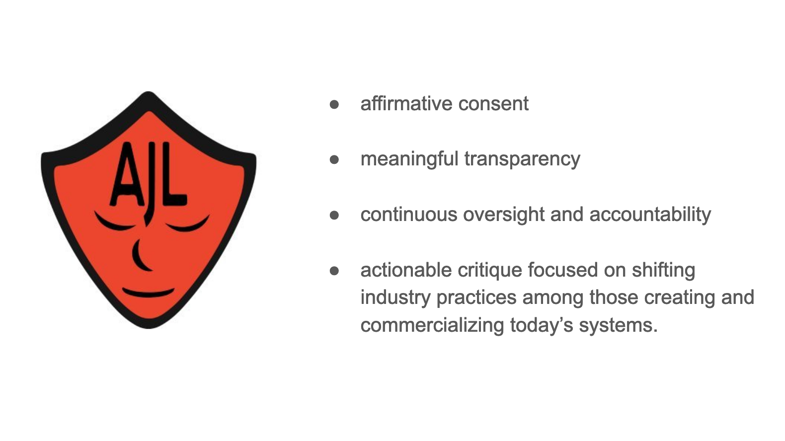 A red face mask with indeterminate gender and the letters AJL.  On the right, the four principles listed below