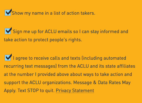 Three checked check boxes: "Show my name in a list of action takers", "Sign me up for ACLU emails", "I agree to receive calls and texts"