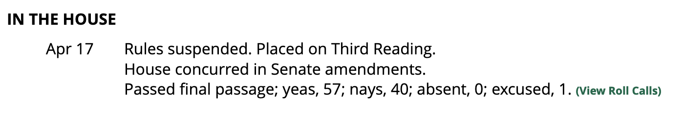 IN THE HOUSE Apr 17 Rules suspended. Placed on Third Reading. House concurred in Senate amendments. Passed final passage; yeas, 57; nays, 40; absent, 0; excused, 1.