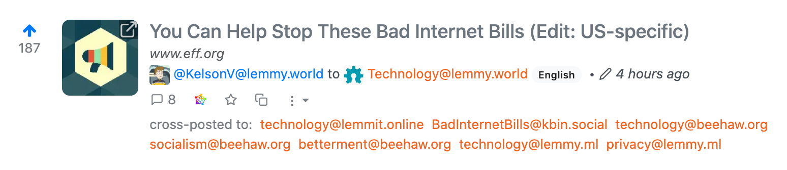 You Can Help Stop These Bad Internet Bills, shared by @KelsonV@lemmy.world to Technology@lemmy.world 3 hours ago.  187 upvotes, 8 comments, crossposted to 7 other communities