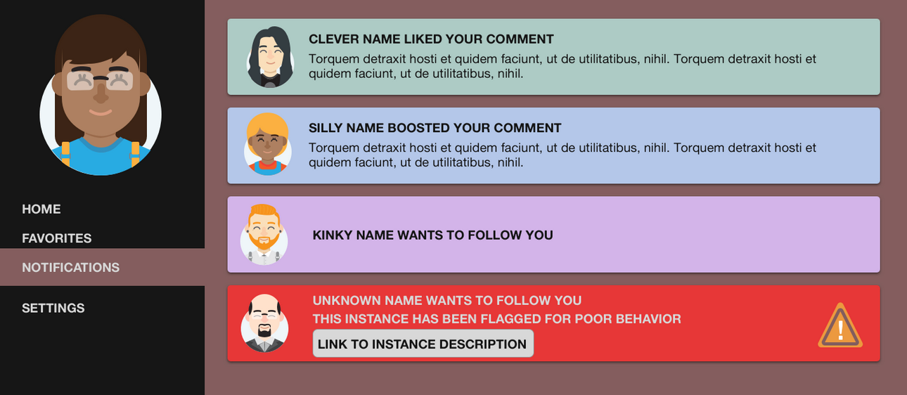 Image of a mock user interface with a follow request. The follow requests indicate which are from federating users and which is from a user from a moderated instance and a public reason for moderation. 