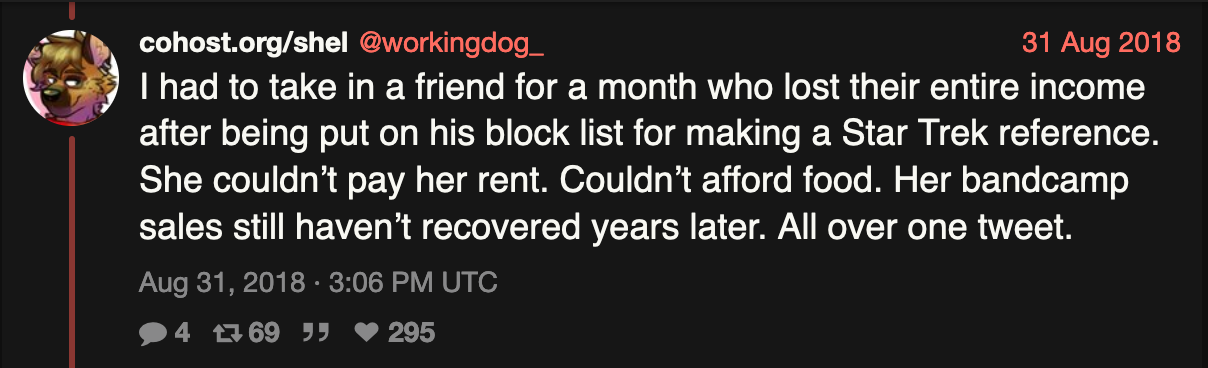 A tweet from workingdog_, August 2018.  I had to take in a friend for a month who lost their entire income after being put on his block list for making a Star Trek reference. She couldn’t pay her rent. Couldn’t afford food. Her bandcamp sales still haven’t recovered years later. All over one tweet.