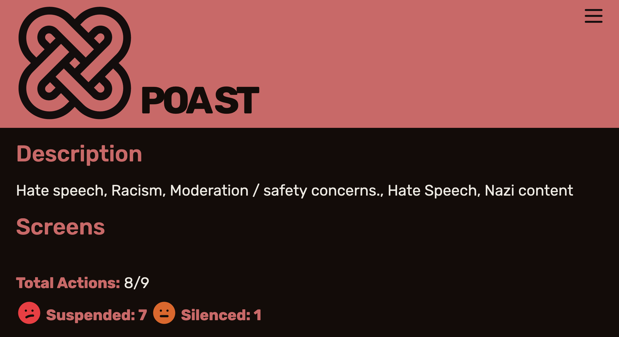 POA ST.  Description: Hate speech, Racism, Moderation / safety concerns., Hate Speech, Nazi content.  Total Actions: 8/9.  Suspended: 7.  Silenced: 1