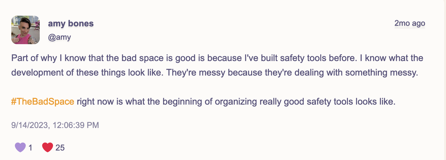 post by amy bones (@amy): Part of why I know that the bad space is good is because I've built safety tools before. I know what the development of these things look like. They're messy because they're dealing with something messy.  #TheBadSpace right now is what the beginning of organizing really good safety tools looks like. 9/14/2023