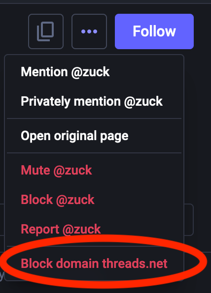 A menu with seven items.  At the top, "Mention @zuck" in white. The seventh item on the menu, at the very bottom,  is "Block domain threads.net" in red., with a red circle around it