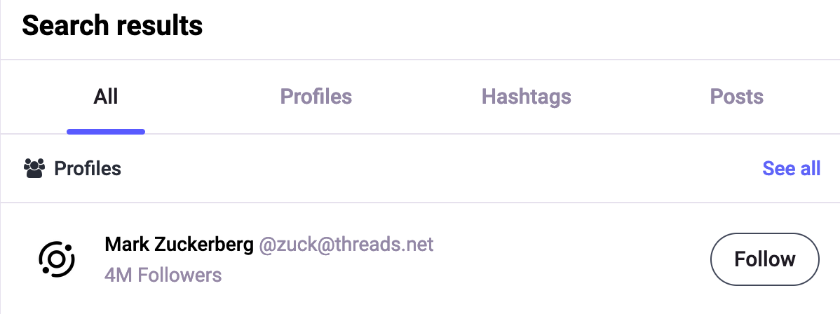 Search results: Mark Zuckerberg @zuck.threads.net, with the Meta Fediverse logo at the left and a follow button on the right