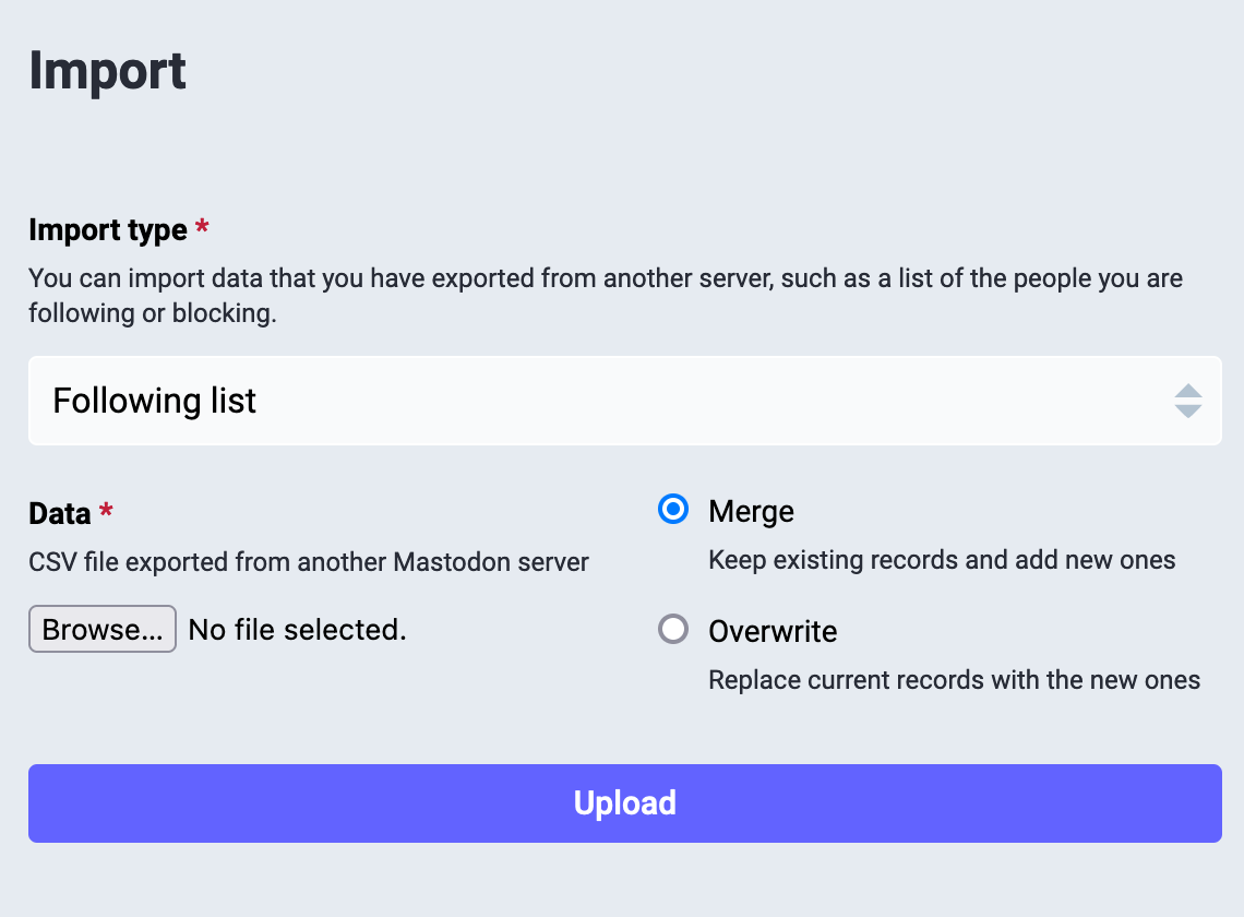 A complicated dialog.  At the top: Import, with the Import Type currently set to Following list and an indication that you can make a choice of import type