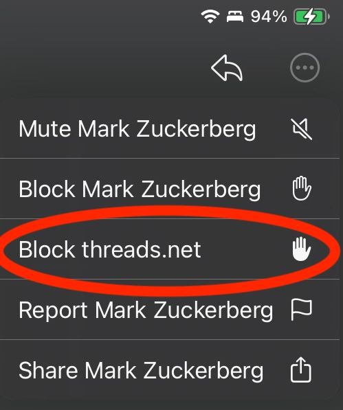 A menu with five items.  At the top, "Mute Mark Zuckerberg". The third item on the menu is "Block threads.net", with a red circle around it
