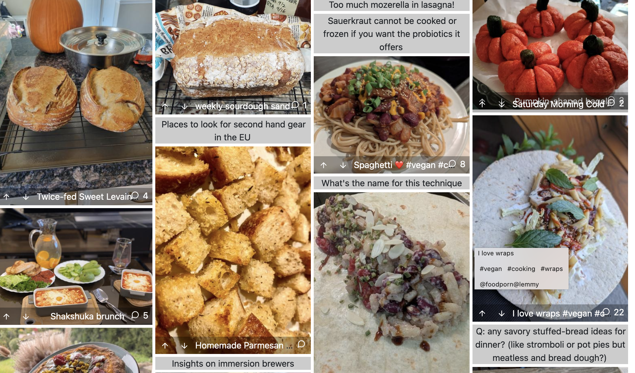 A grid of multiple images of different kinds of food -- pumpkins, muffins, parmesan croutons, and more --along with some text