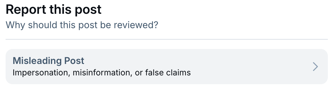 Report this post. Why should this post be reviewed?  Below, a button with the label "Create report for misleading post". 