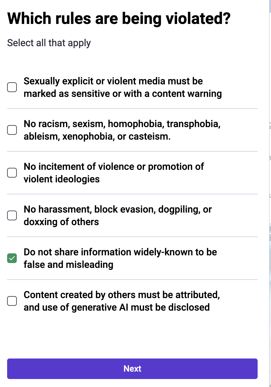 Which rules are being violated?  Select all that apply.  Below, 6 choices.  The fifth, with a checked box, says Do not share information widely-known to be false and misleading.  At the bottom, a button labeled Next