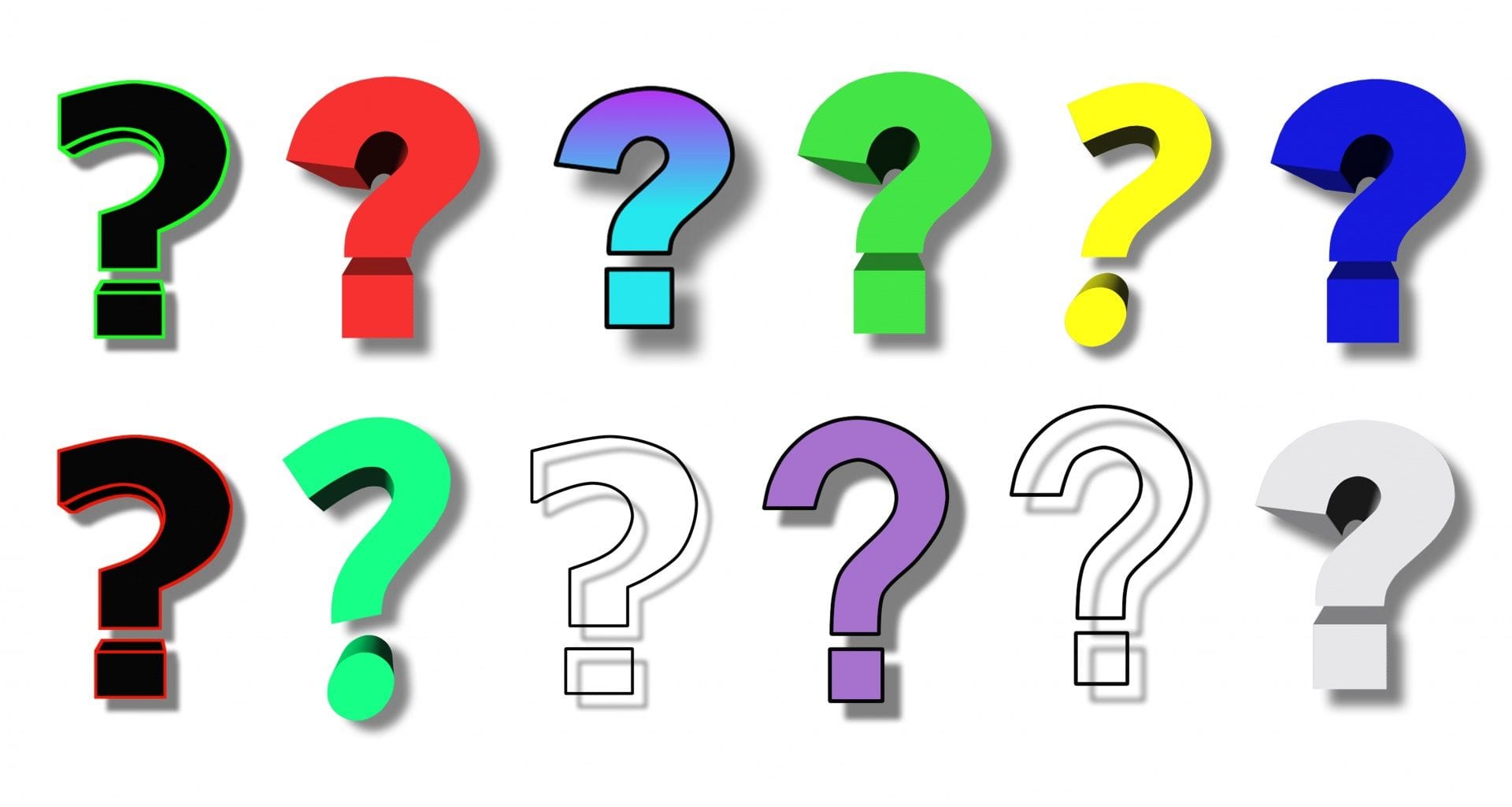 Twelve big question marks in multiple colors