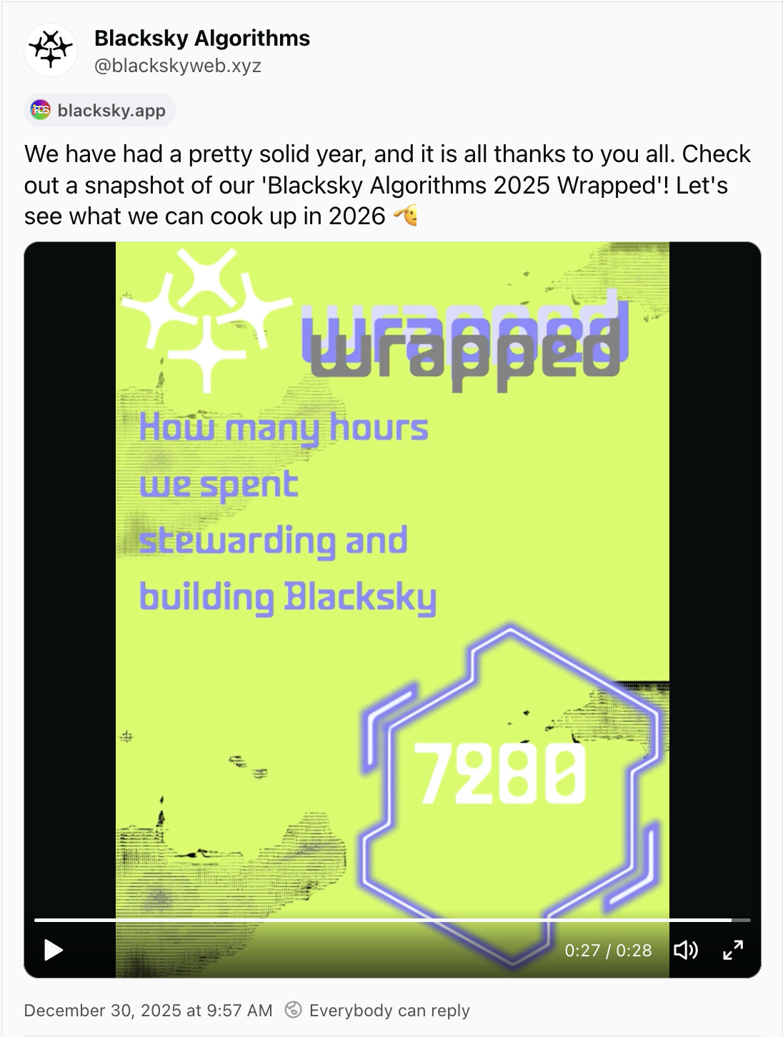 Blacksky Algorithms ‪(@blackskyweb.xyz‬): We have had a pretty solid year, and it is all thanks to you all. Check out a snapshot of our 'Blacksky Algorithms 2025 Wrapped'! Let's see what we can cook up in 2026 🫡/. Below, a frame from a video, in purple and lime green (the Blacksky colors), with the text "How many hours we spent stewarding and building Blacksky: 7280"