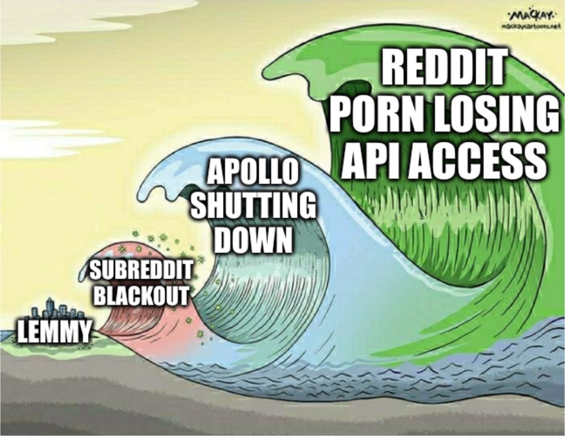 Lemmy, and three increasingly-larger waves: Subreddit blackout, Apollo shutting down, Reddit porn losing API access