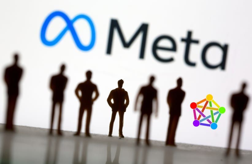 The Meta logo.  Below, seven black shadow images of people, all looking at the colorful fediverse logo.