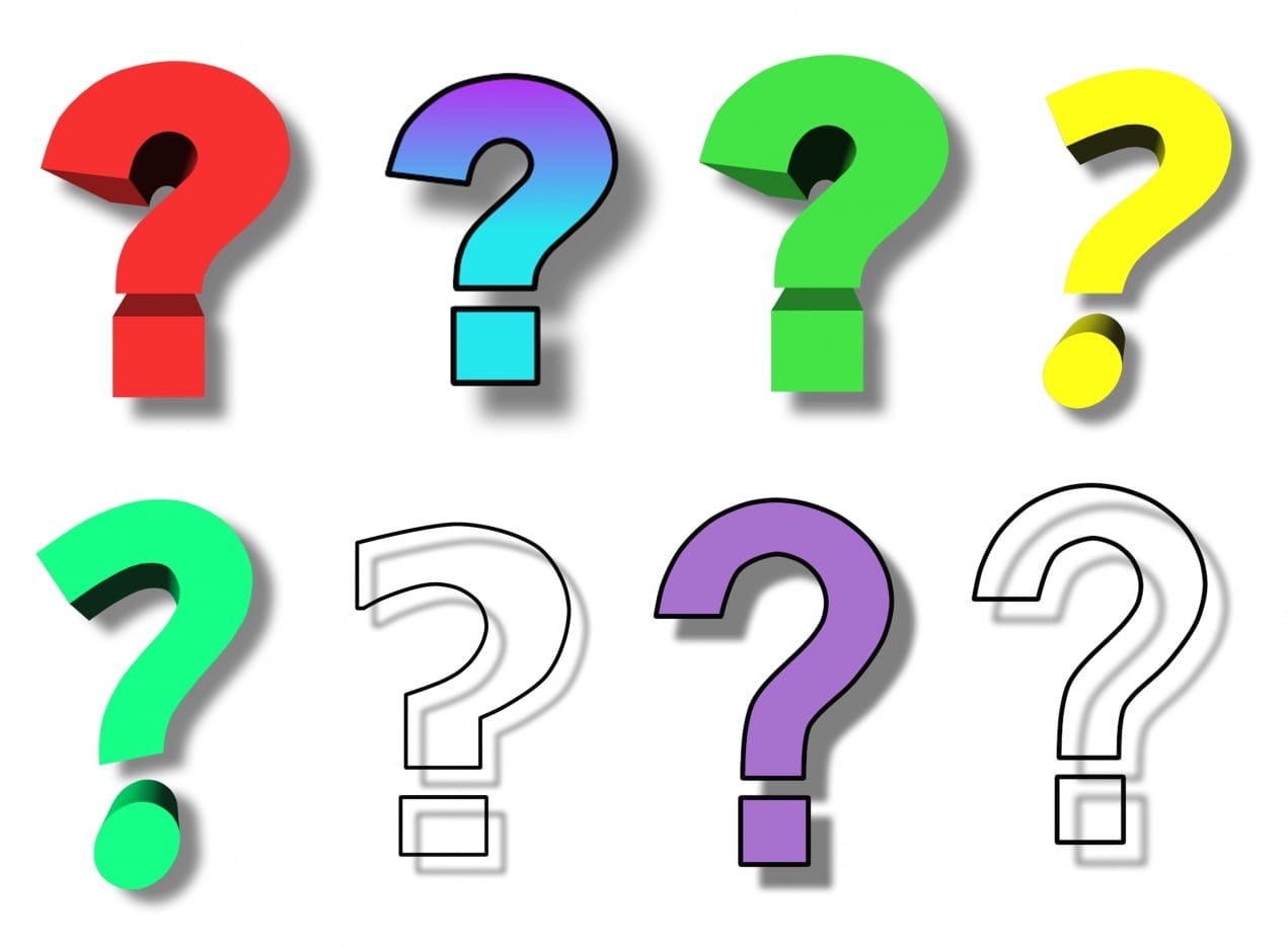 Eight big question marks in various colors
