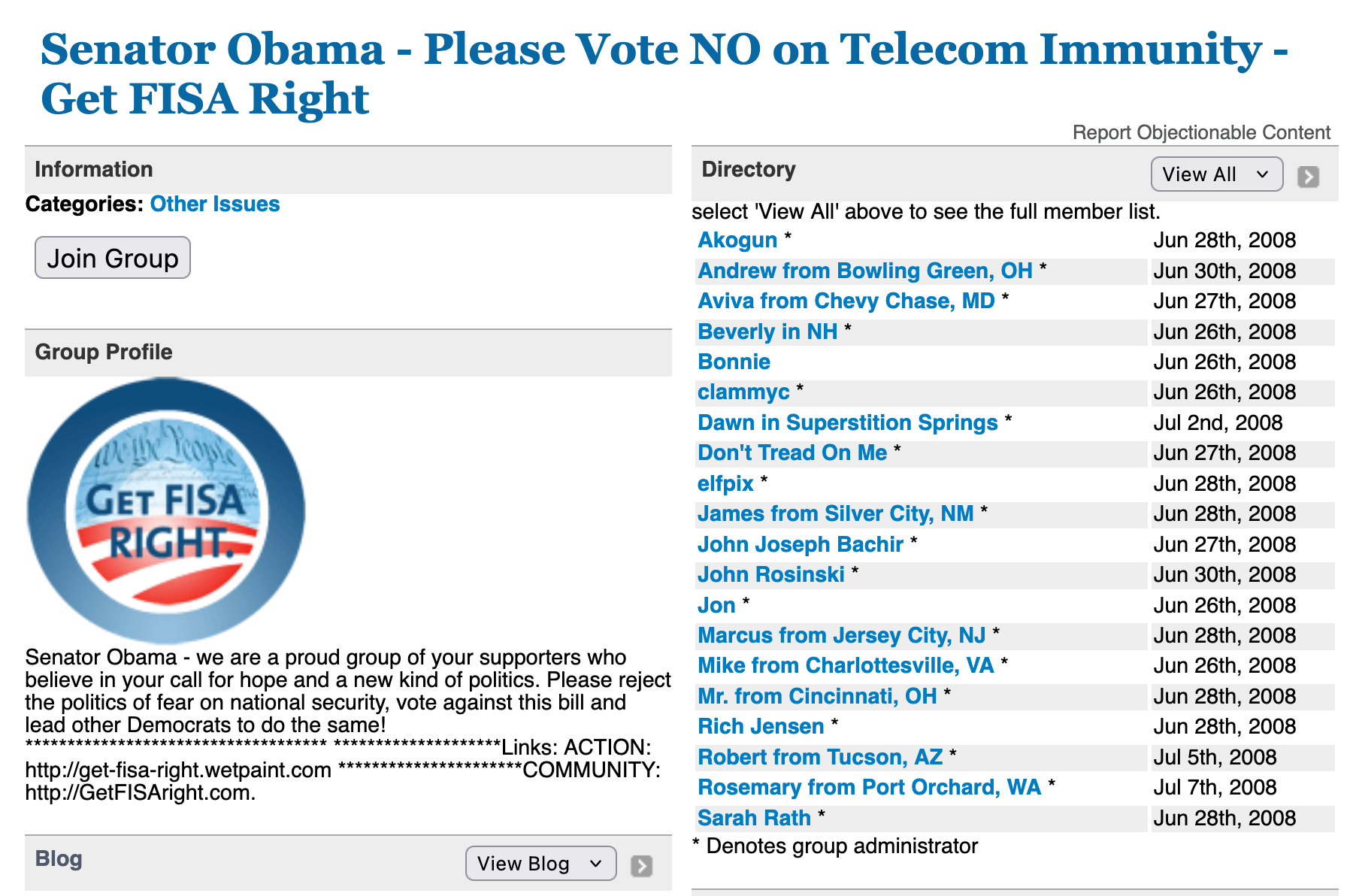 A screenshot. At the top: Senator Obama - Please vote NO on Telecom Immunity - Get FISA Right. Below, the Get FISA Right logo, a list of members, and the group description