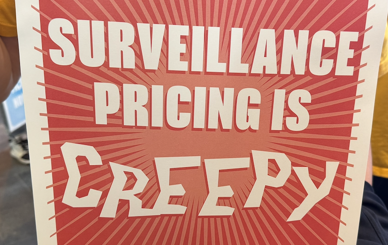 Surveillance pricing is creepy -- with the word "creepy" in a creepy font, all in white capital letters on a red background that looks like a 50s horror film poster