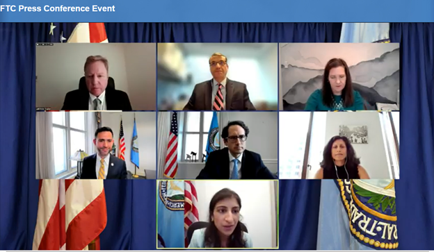A screenshot, with the words FTC Press Conference Event in the top left, and pictures of 7 people