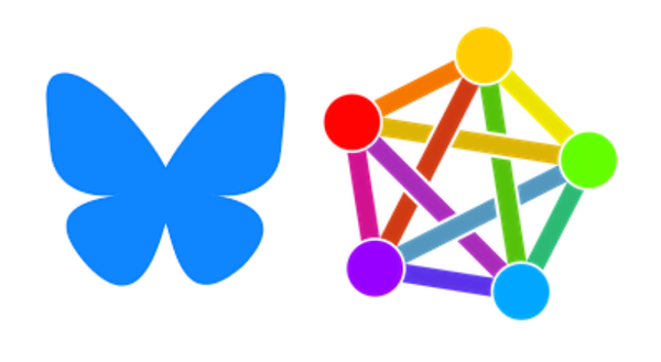 The Bluesky logo, a stylized butterfly; and the fediverse logo, a multicolored pentacle and pentagram