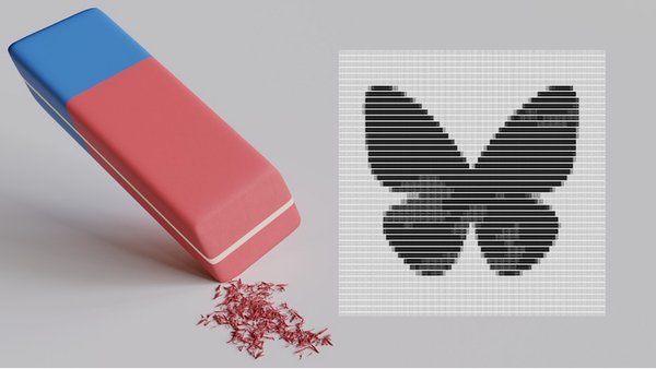 On the left, an eraser.  On the right, the Blacksky logo: a stylized butterfly (similar to the Bluesky logo, but in black)