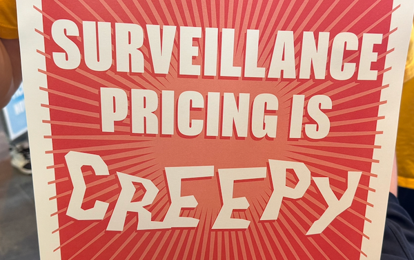 Surveillance pricing is creepy -- with the word "creepy" in a creepy font, all in white capital letters on a red background that looks like a 50s horror film poster