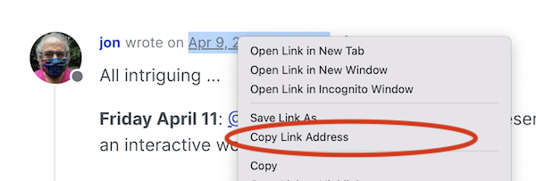 an excerpt of a NodeBB post, with an avatar, the poster's name, and a timestamp. The timestamp is highlighted, and partially obscured by a menu.  The fifth item on the menu, Copy Link Address, is circled in red